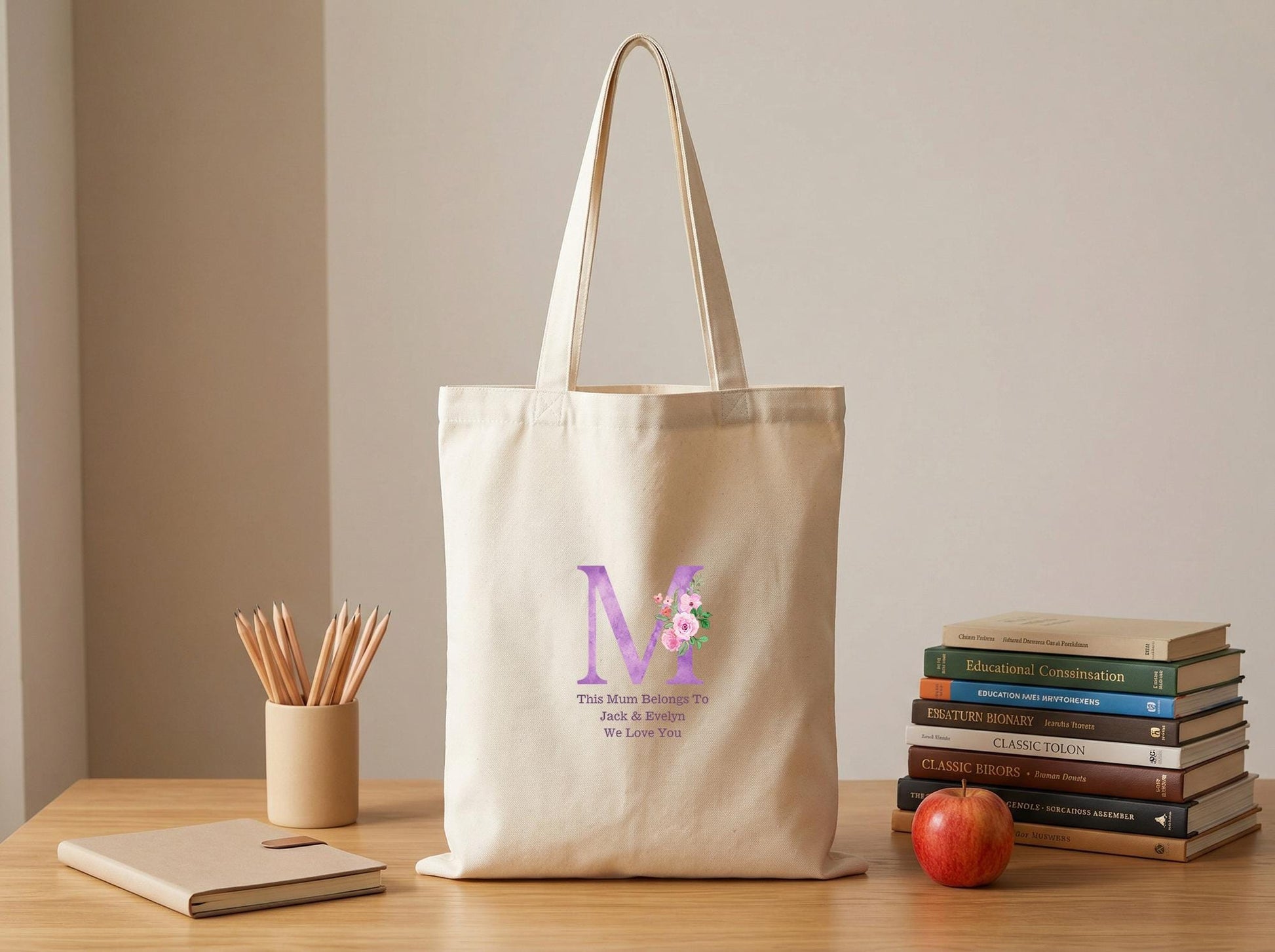 Cotton Canvas Tote Bag Personalized Monogram Initial, New Teacher Thank You Gift, Floral Letter Carryall For Everyday Errands