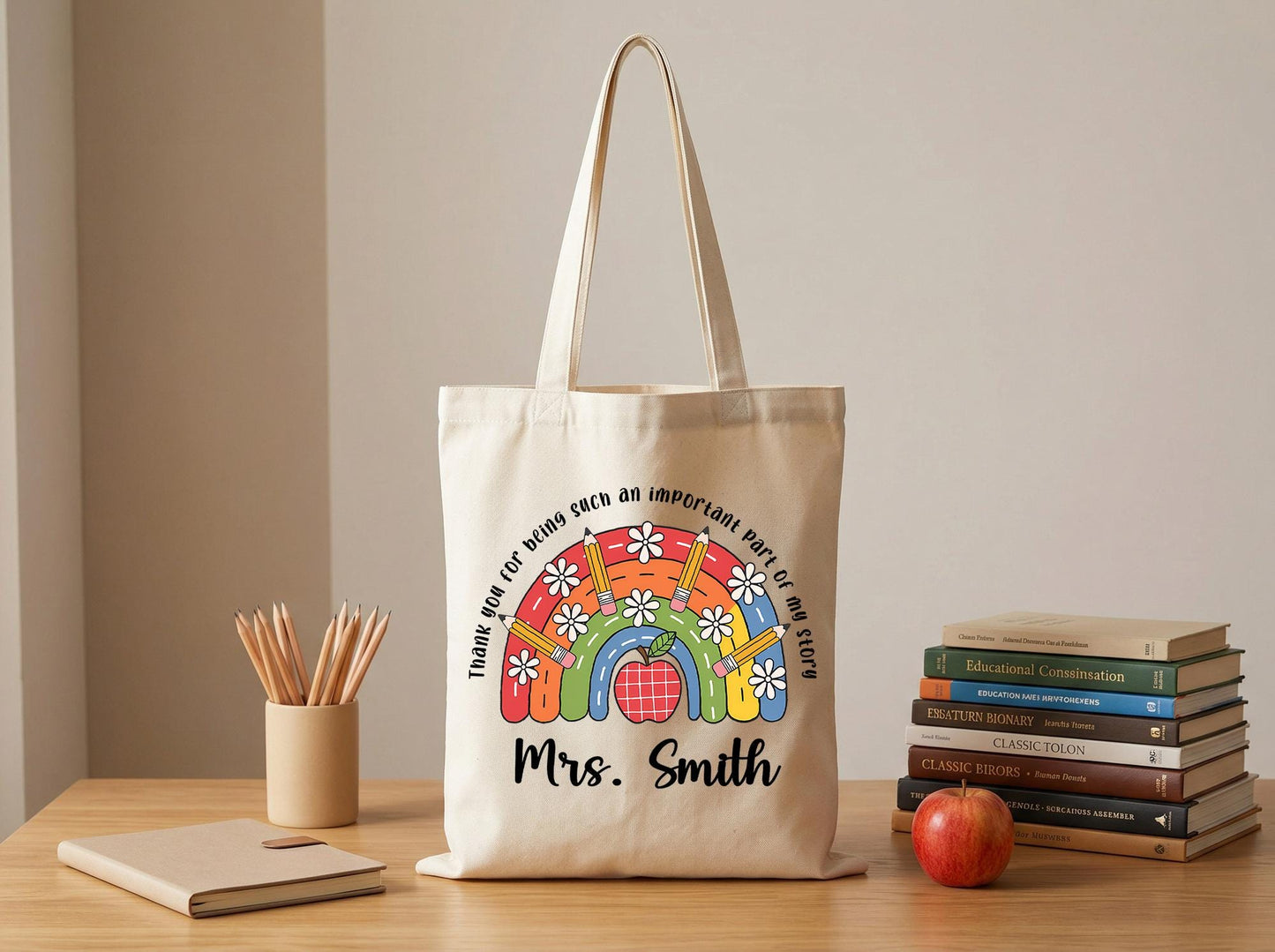 Canvas Tote Bag Teacher Gift Rainbow Apple Personalized Name