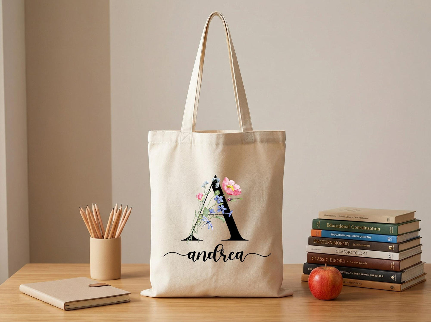 Personalized Canvas Tote Bag With Floral Initial, Custom Name Monogram Shopper, Reusable Book Bag For Teachers, Bridesmaids, Everyday Carry