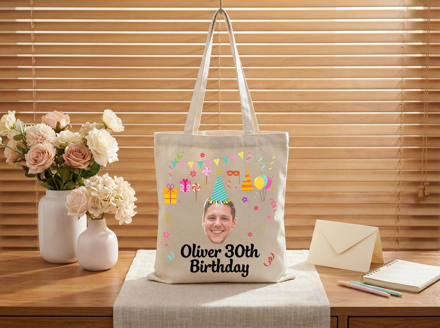 Canvas Tote Bag Custom Photo 30Th Birthday Gift Party Icons Personalized Name Reusable Shopper Bag For Women Men Friend