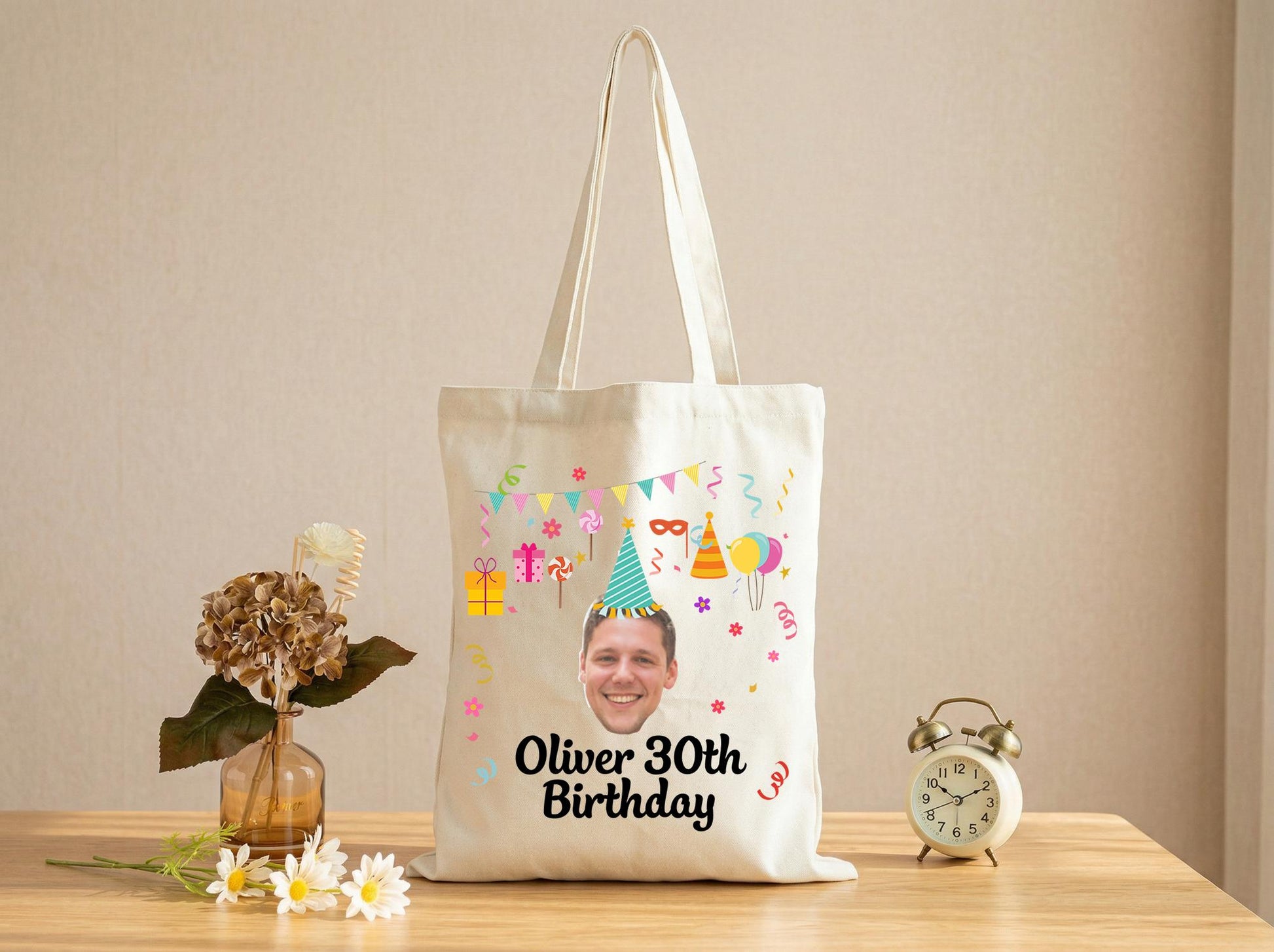 Canvas Tote Bag Custom Photo 30Th Birthday Gift Party Icons Personalized Name Reusable Shopper Bag For Women Men Friend