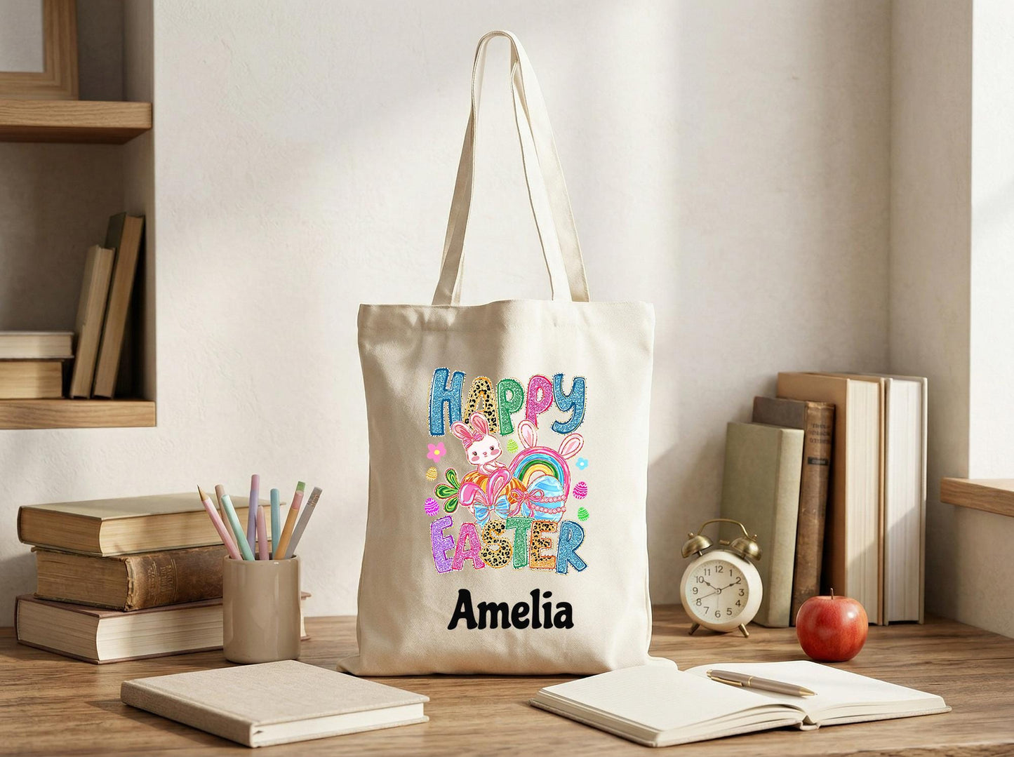 Easter Tote Bag Personalized Name For Kids, Bunny Egg Hunt Bag, Custom Family Gift From Mom, Reusable Spring Treat Bag