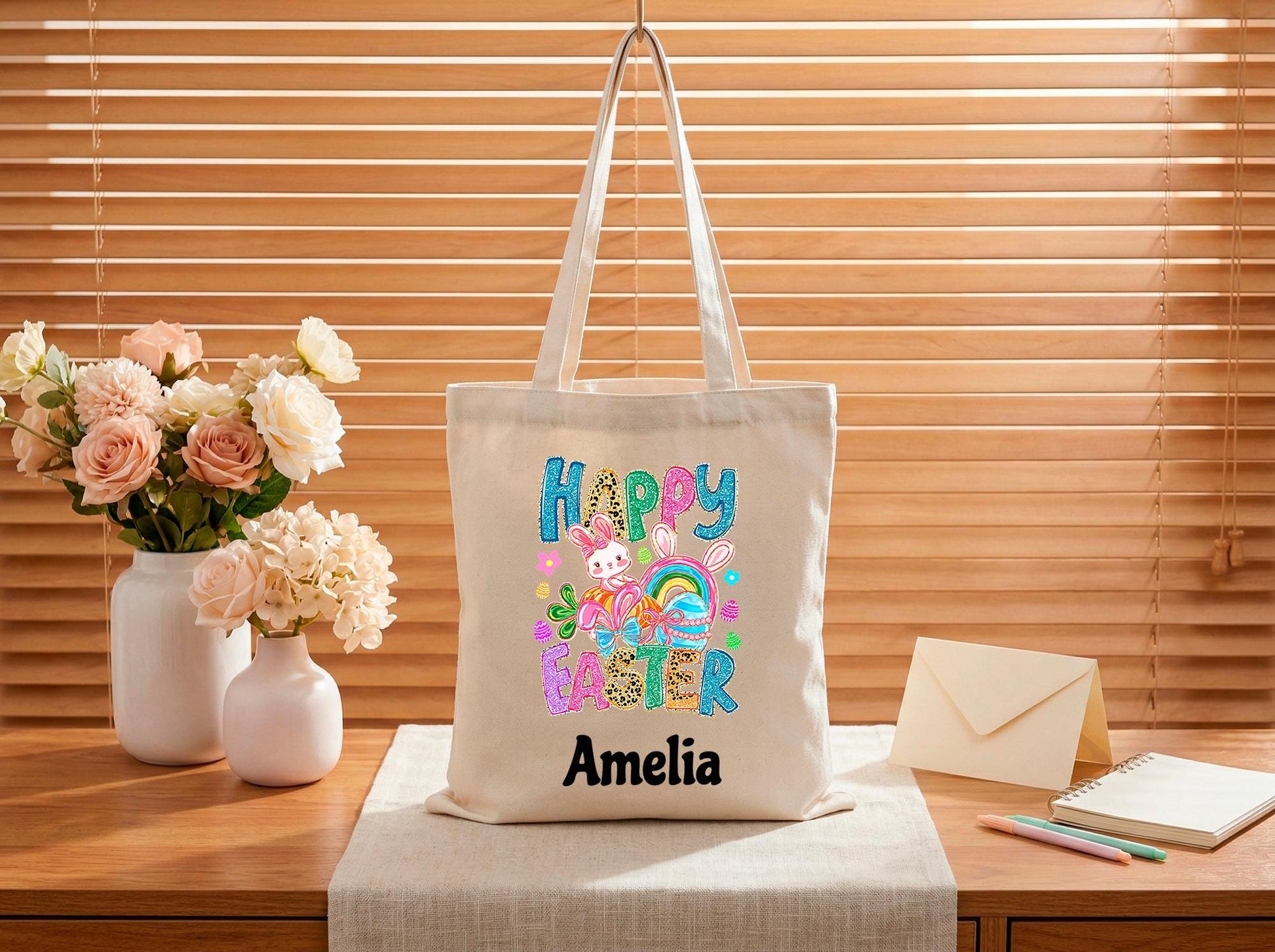 Easter Tote Bag Personalized Name For Kids, Bunny Egg Hunt Bag, Custom Family Gift From Mom, Reusable Spring Treat Bag