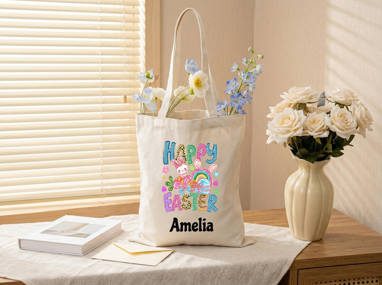 Easter Tote Bag Personalized Name For Kids, Bunny Egg Hunt Bag, Custom Family Gift From Mom, Reusable Spring Treat Bag