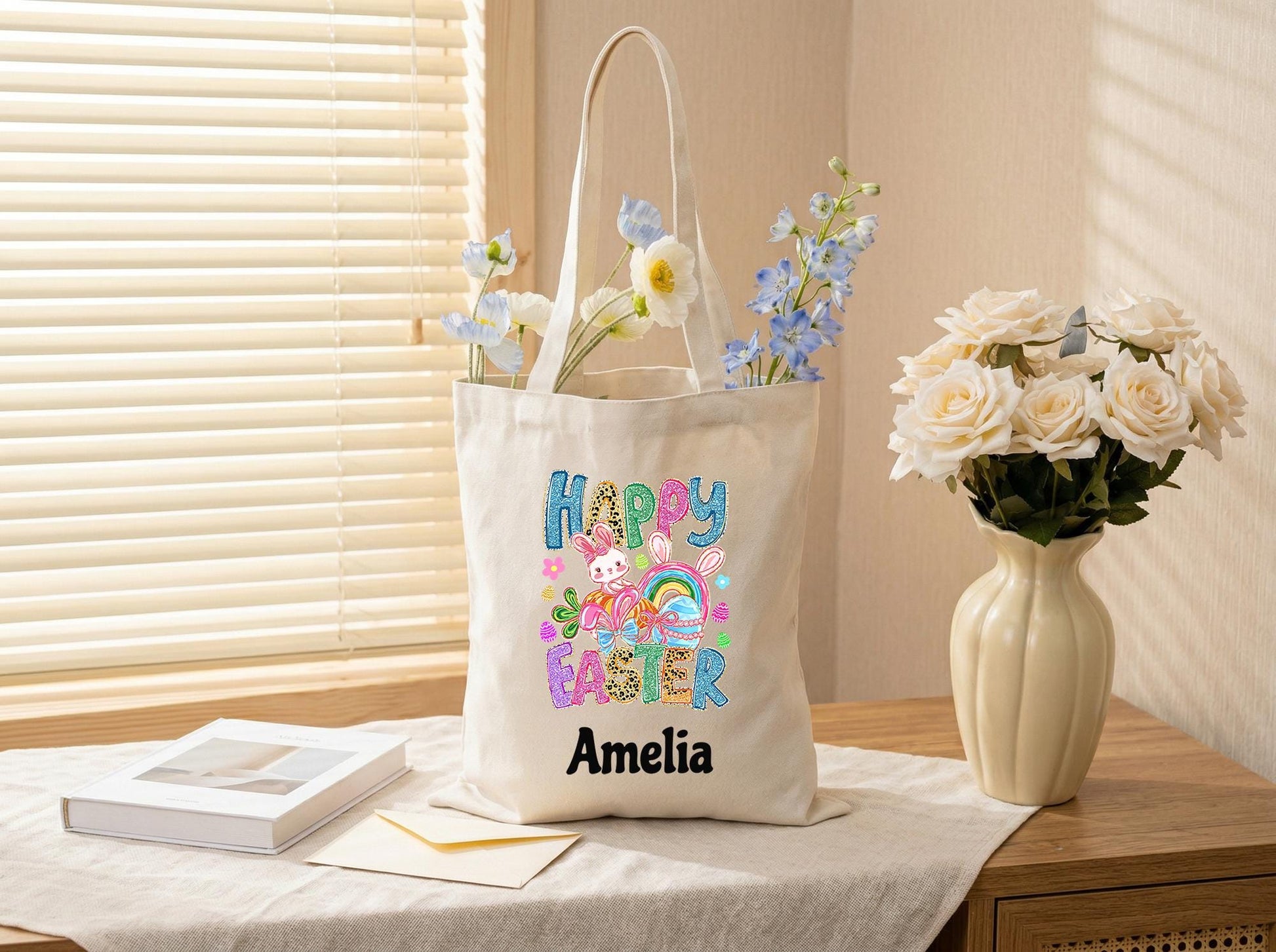 Easter Tote Bag Personalized Name For Kids, Bunny Egg Hunt Bag, Custom Family Gift From Mom, Reusable Spring Treat Bag