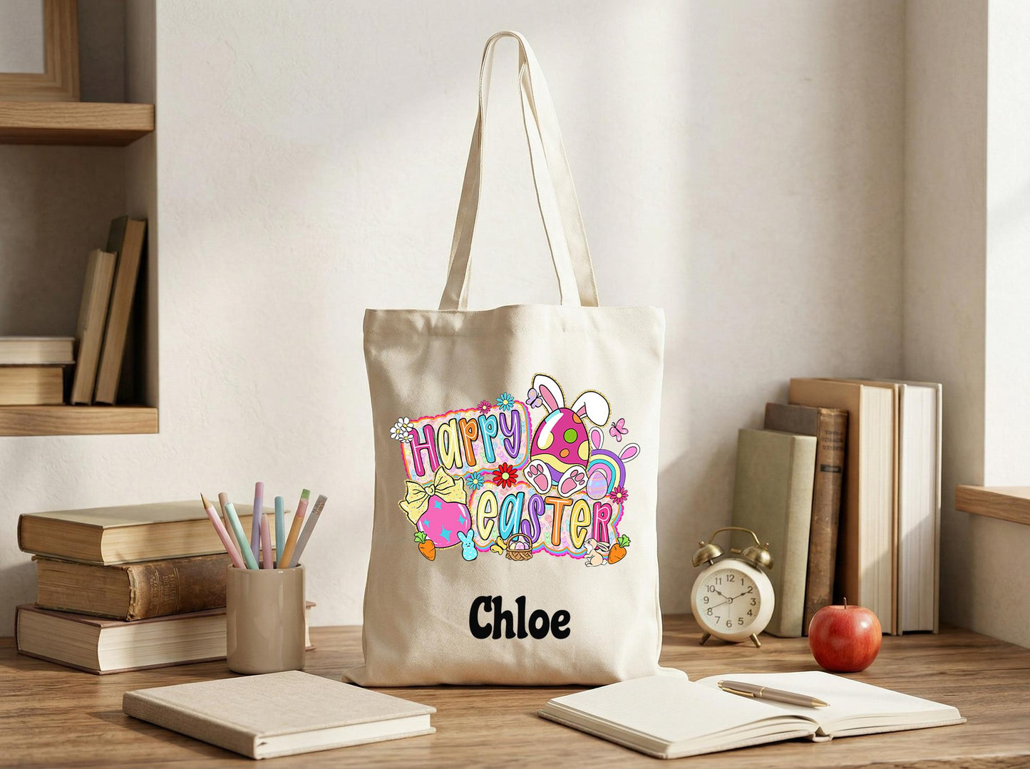 Canvas Tote Bag Personalized Name Happy Easter Design,Sweet Gift From Parents To Kids,Egg Hunt Keepsake Bag,Custom Easter Basket Alternative