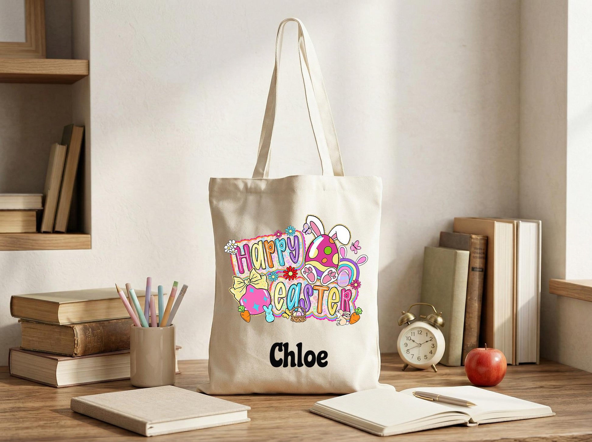 Canvas Tote Bag Personalized Name Happy Easter Design,Sweet Gift From Parents To Kids,Egg Hunt Keepsake Bag,Custom Easter Basket Alternative