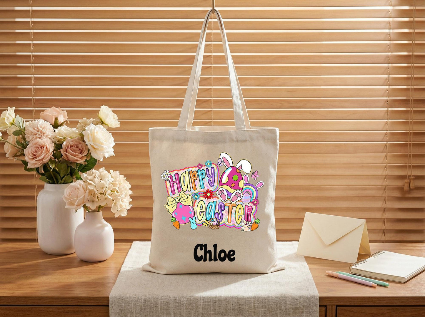 Canvas Tote Bag Personalized Name Happy Easter Design,Sweet Gift From Parents To Kids,Egg Hunt Keepsake Bag,Custom Easter Basket Alternative