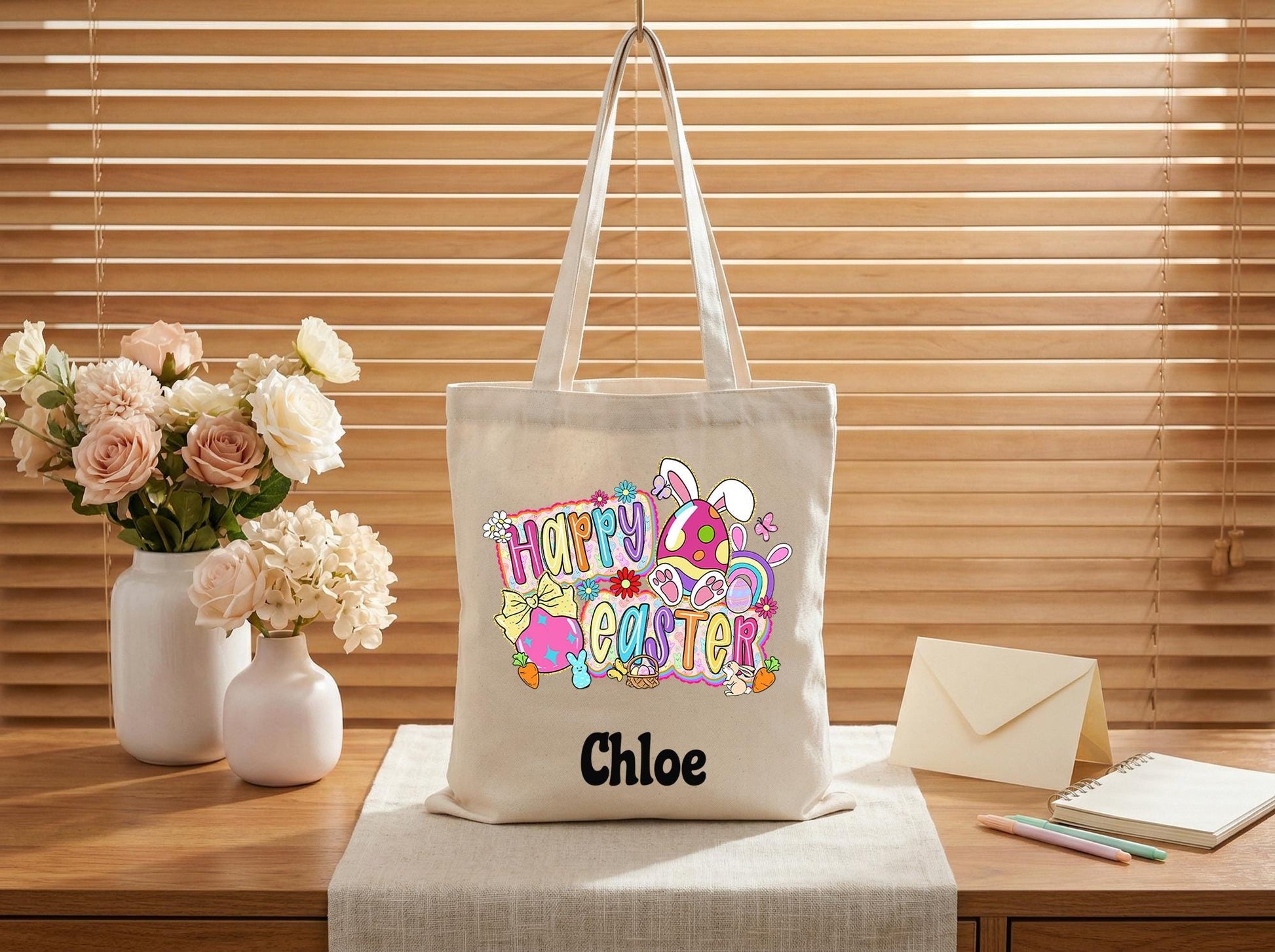 Canvas Tote Bag Personalized Name Happy Easter Design,Sweet Gift From Parents To Kids,Egg Hunt Keepsake Bag,Custom Easter Basket Alternative