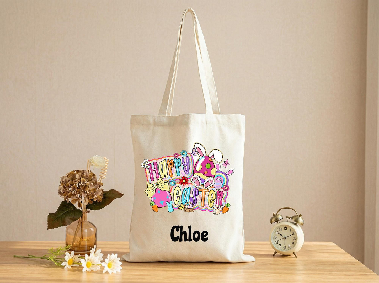 Canvas Tote Bag Personalized Name Happy Easter Design,Sweet Gift From Parents To Kids,Egg Hunt Keepsake Bag,Custom Easter Basket Alternative