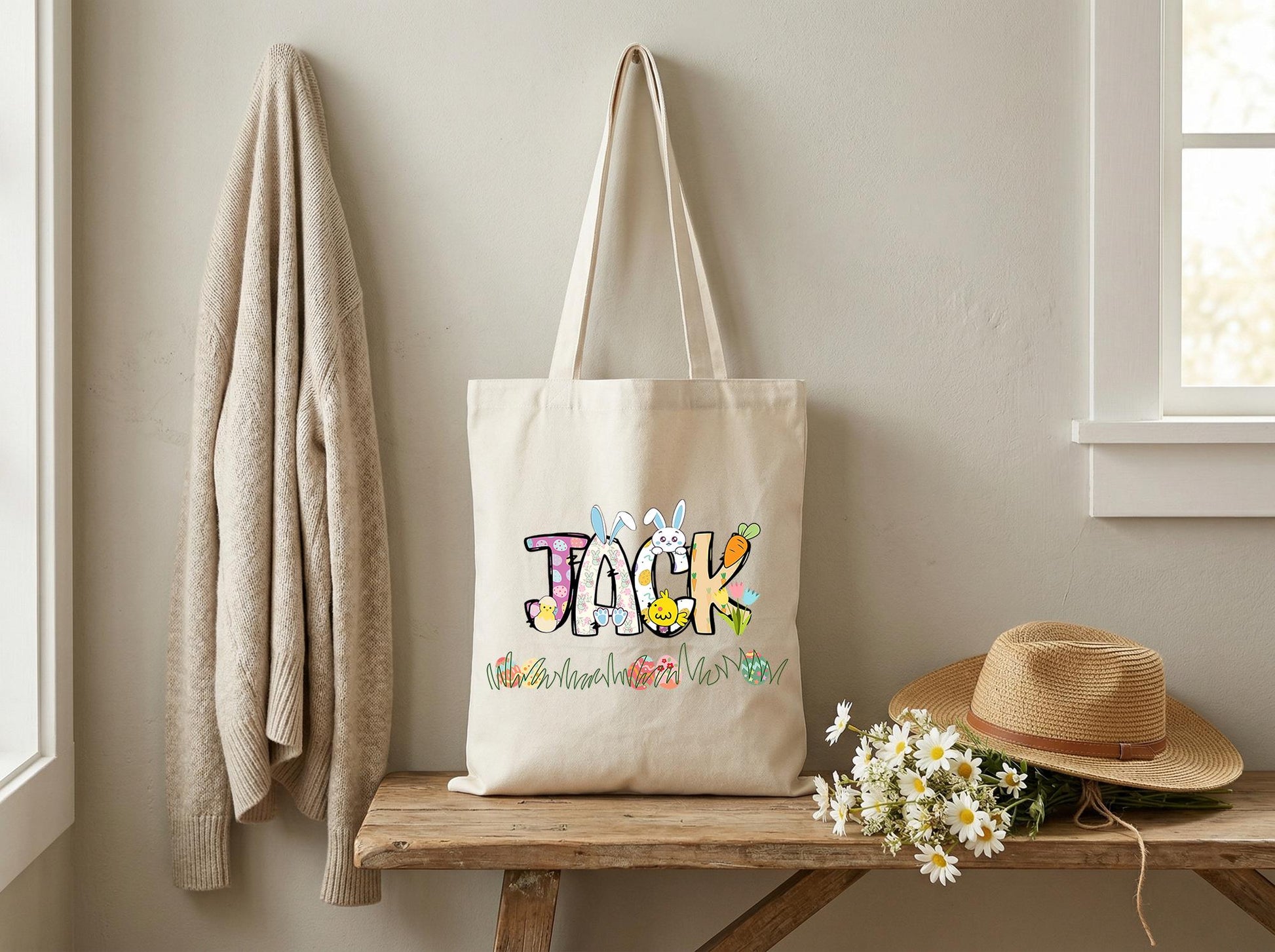 Canvas Tote Bag With Playful Doodle Name Graphic, Personalized Art Tote, Modern Cute Illustration Book Bag, Custom Text Carryall