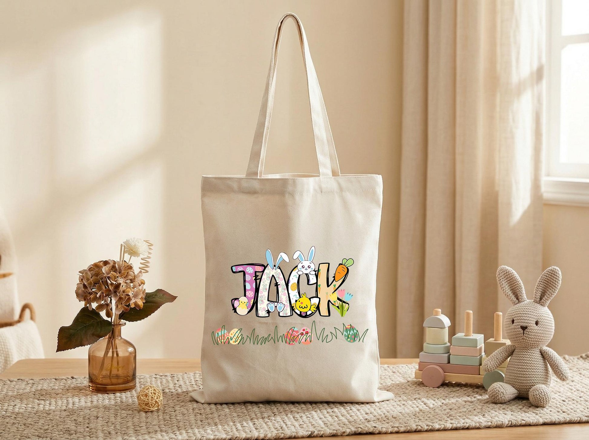 Canvas Tote Bag With Playful Doodle Name Graphic, Personalized Art Tote, Modern Cute Illustration Book Bag, Custom Text Carryall