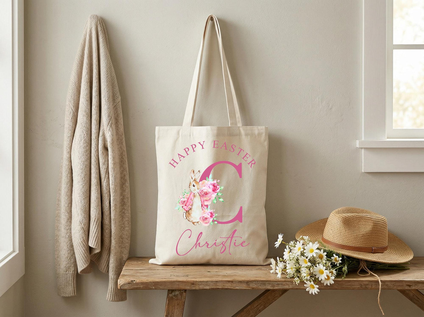 Canvas Tote Bag With Custom Initial And Name, Floral Monogram Keepsake Gift For Her, Thoughtful Personalized Bag For Easter Birthday