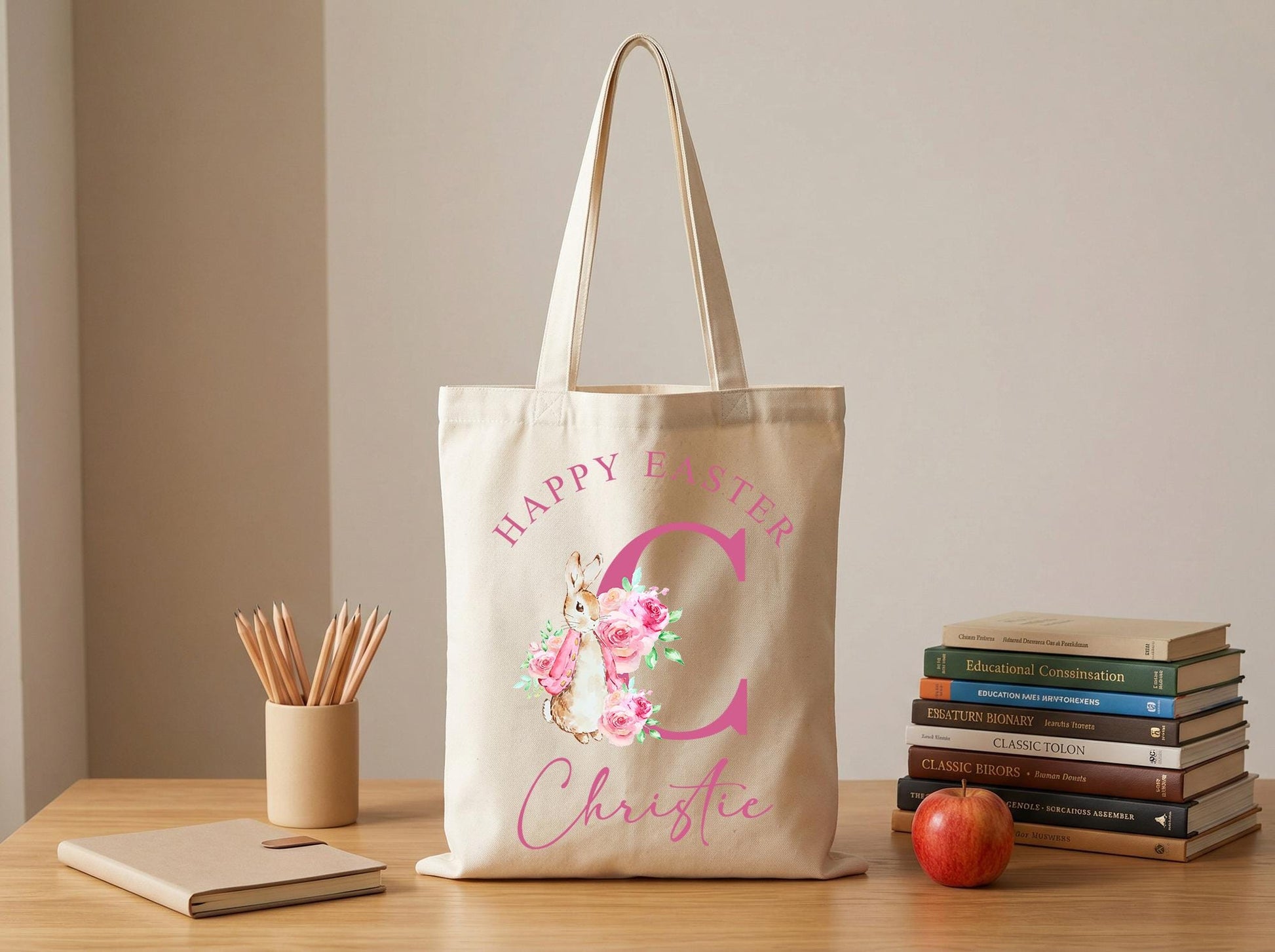 Canvas Tote Bag With Custom Initial And Name, Floral Monogram Keepsake Gift For Her, Thoughtful Personalized Bag For Easter Birthday