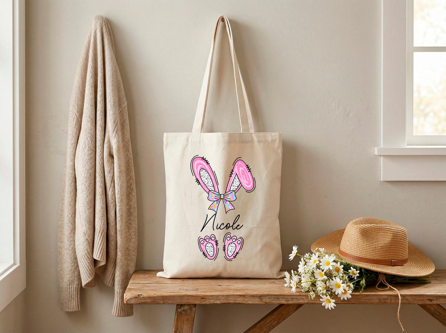 Canvas Tote Bag With Bunny Ears Name Print, Custom Gift For Her, Personalized Easter Tote, Thoughtful Best Friend Bag, Name Keepsake