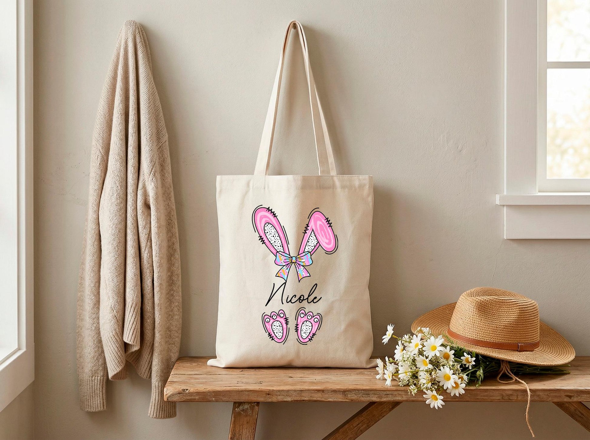 Canvas Tote Bag With Bunny Ears Name Print, Custom Gift For Her, Personalized Easter Tote, Thoughtful Best Friend Bag, Name Keepsake