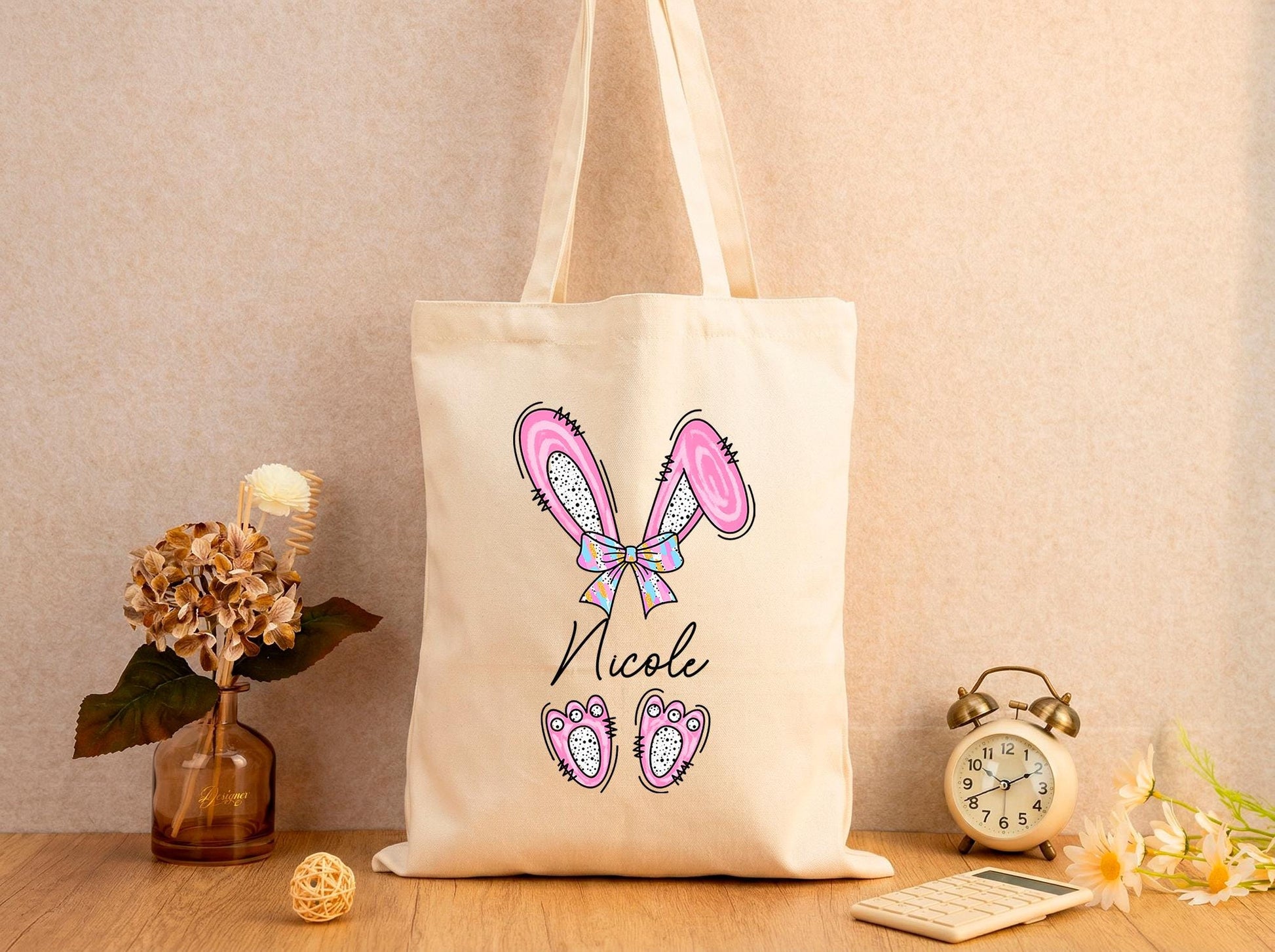 Canvas Tote Bag With Bunny Ears Name Print, Custom Gift For Her, Personalized Easter Tote, Thoughtful Best Friend Bag, Name Keepsake