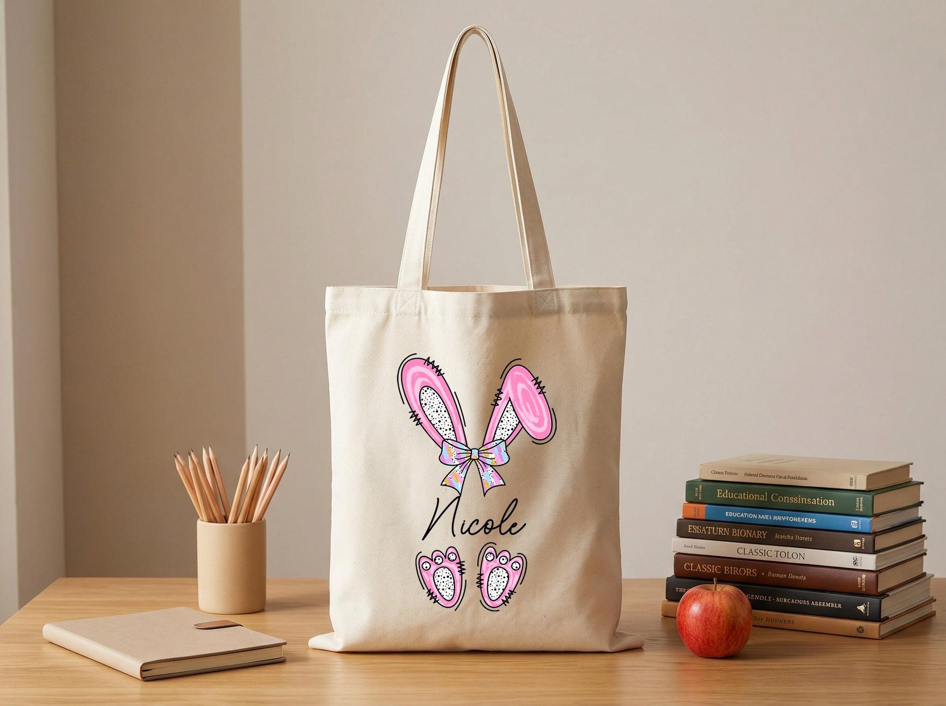 Canvas Tote Bag With Bunny Ears Name Print, Custom Gift For Her, Personalized Easter Tote, Thoughtful Best Friend Bag, Name Keepsake
