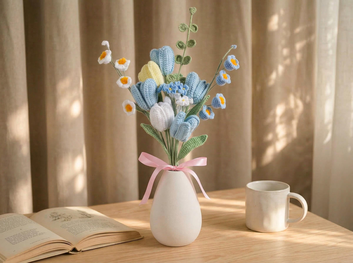 Blue Crochet Flower Bouquet,Handmade Forever Flowers Gift for Her,Knitted Tulip Arrangement,Mothers Day Gift,Birthday Gift,Home Decor Accent