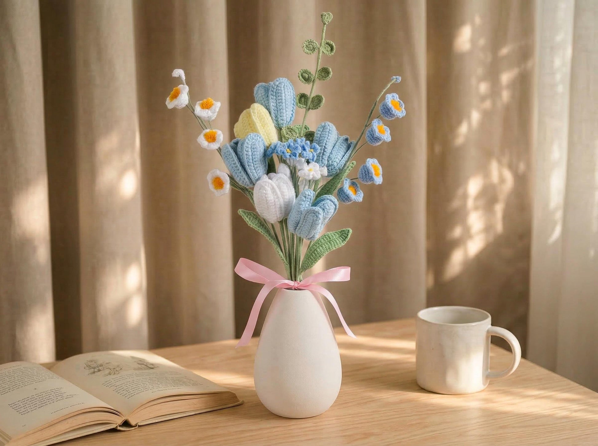 Blue Crochet Flower Bouquet,Handmade Forever Flowers Gift for Her,Knitted Tulip Arrangement,Mothers Day Gift,Birthday Gift,Home Decor Accent