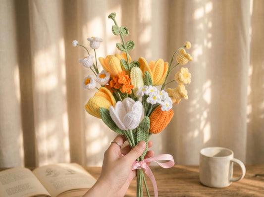 Crochet Flower Bouquet, Handmade Tulip Bouquet Gift for Her, Forever Knitted Flowers for Mom,Birthday Gift,Graduation Gift,Mothers Day Decor
