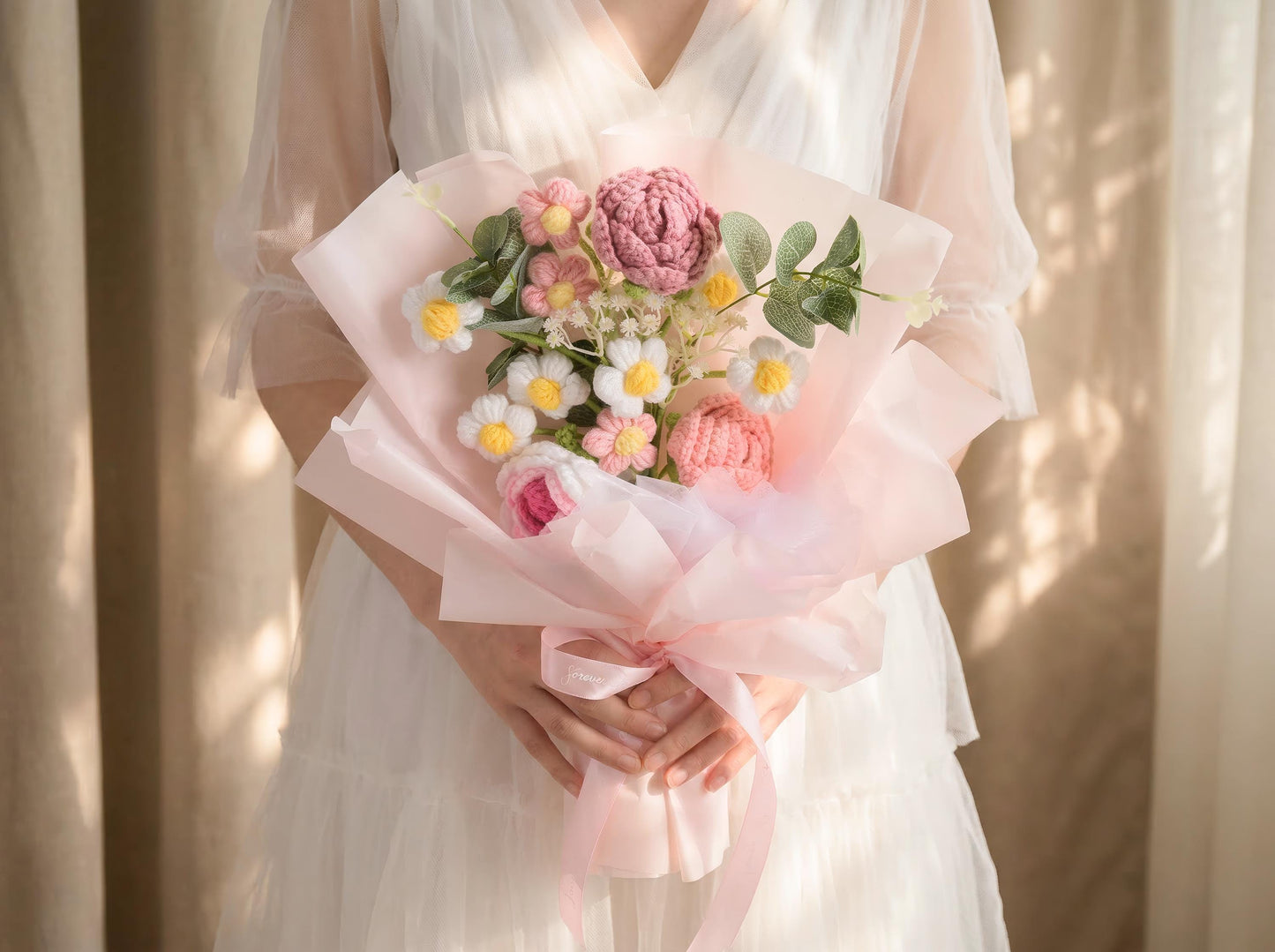 Handmade Crochet Bouquet Gift, Forever Flower Bouquet For Mom Wife Girlfriend Teacher, Knitted Floral Arrangement For Birthday Mothers Day