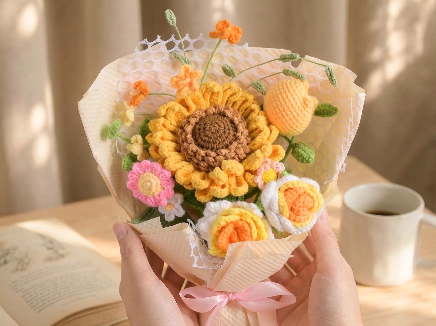 Handmade Crochet Bouquet Gift, Forever Flower Bouquet For Mom Wife Girlfriend Teacher, Knitted Floral Arrangement For Birthday Mothers Day