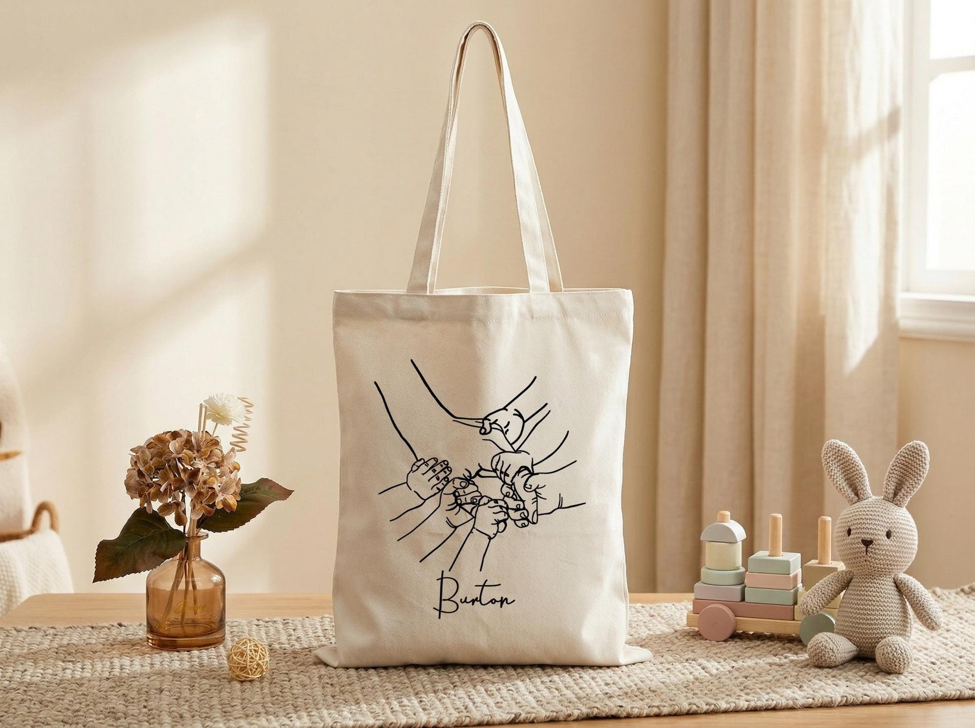 Personalized Family Hands Tote Bag Custom Line Art Canvas Tote Bag Gift for Mom Grandma Mother's Day Gift Personalized Family Keepsake Bag