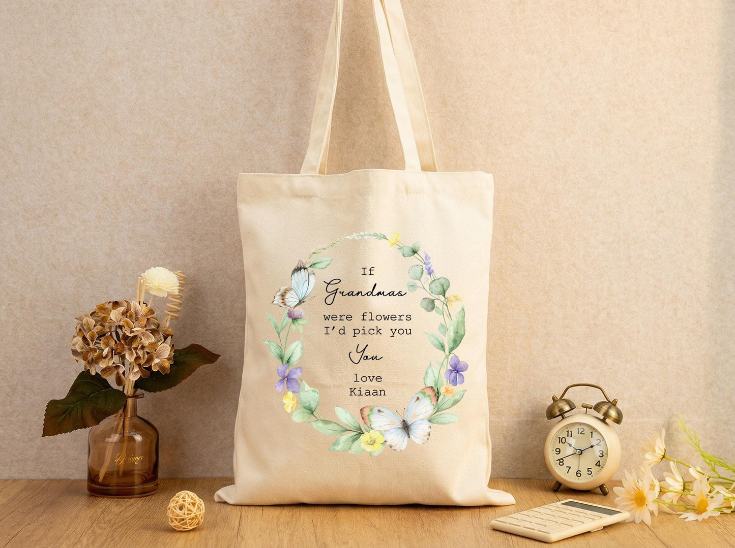Personalized Grandma Tote Bag Floral Wreath Canvas Tote Gift for Grandma from Grandkids Grandmother Gift Mothers Day Birthday Christmas Gift