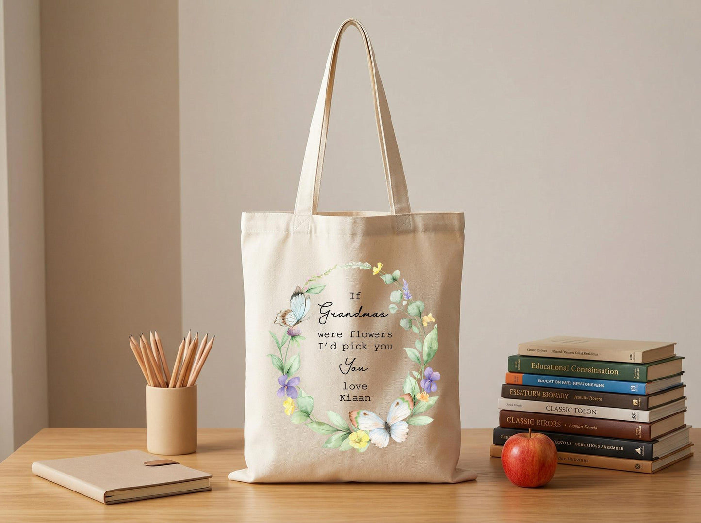 Personalized Grandma Tote Bag Floral Wreath Canvas Tote Gift for Grandma from Grandkids Grandmother Gift Mothers Day Birthday Christmas Gift