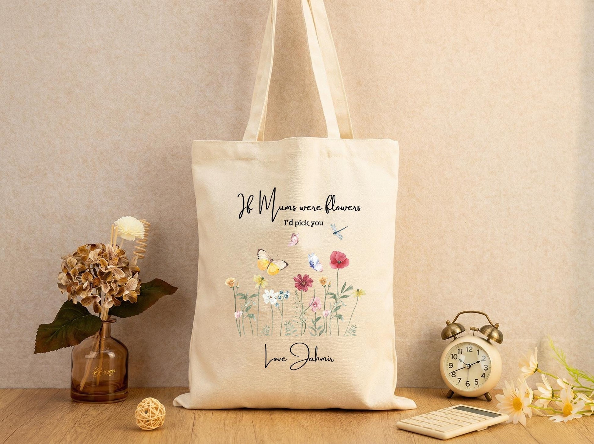 Personalized Mom Tote Bag Wildflower Canvas Tote Gift for Mom from Daughter Son Custom Mothers Day Gift Floral Butterfly Tote Birthday Gift