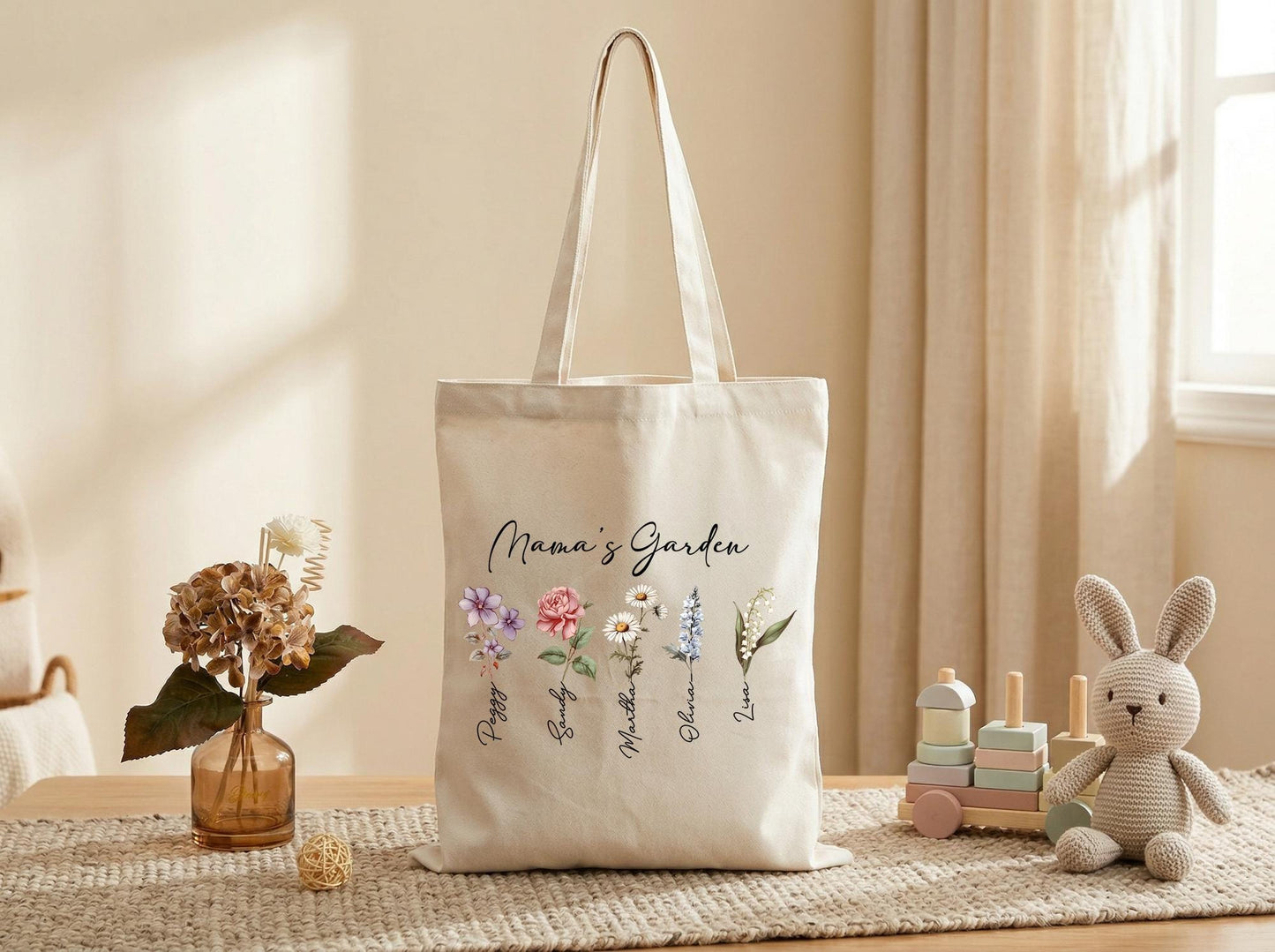 Personalized Mama Tote Bag Wildflower Canvas Tote Gift for Mom Custom Mothers Garden Bag Mothers Day Gift from Kids Birthday Christmas Gift