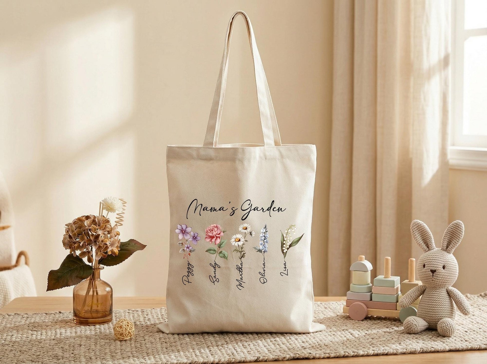 Personalized Mama Tote Bag Wildflower Canvas Tote Gift for Mom Custom Mothers Garden Bag Mothers Day Gift from Kids Birthday Christmas Gift