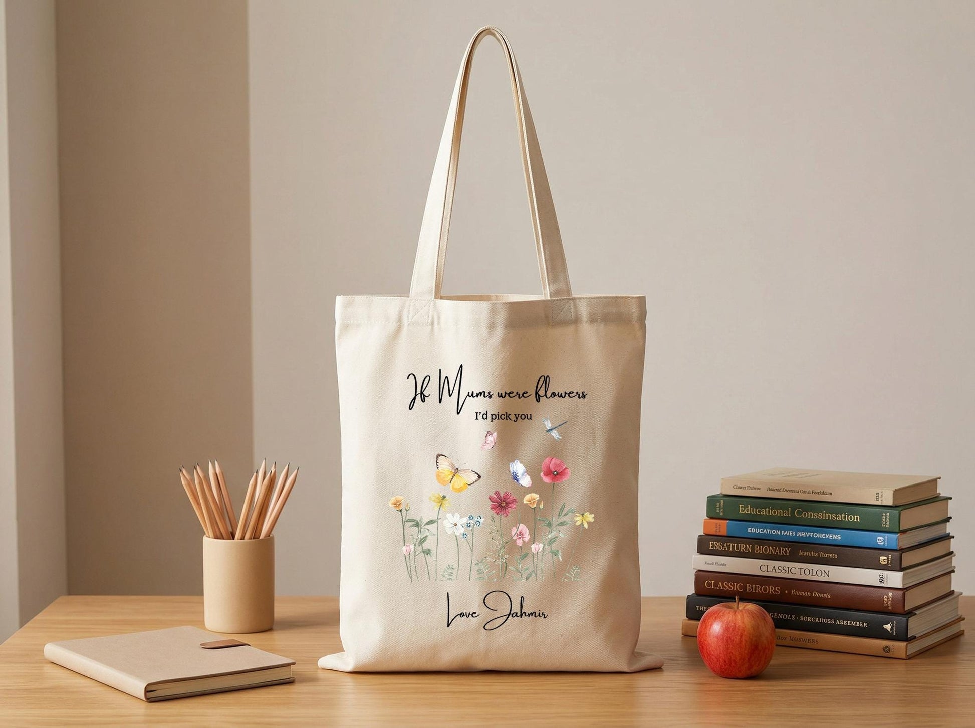 Personalized Mom Tote Bag Wildflower Canvas Tote Gift for Mom from Daughter Son Custom Mothers Day Gift Floral Butterfly Tote Birthday Gift