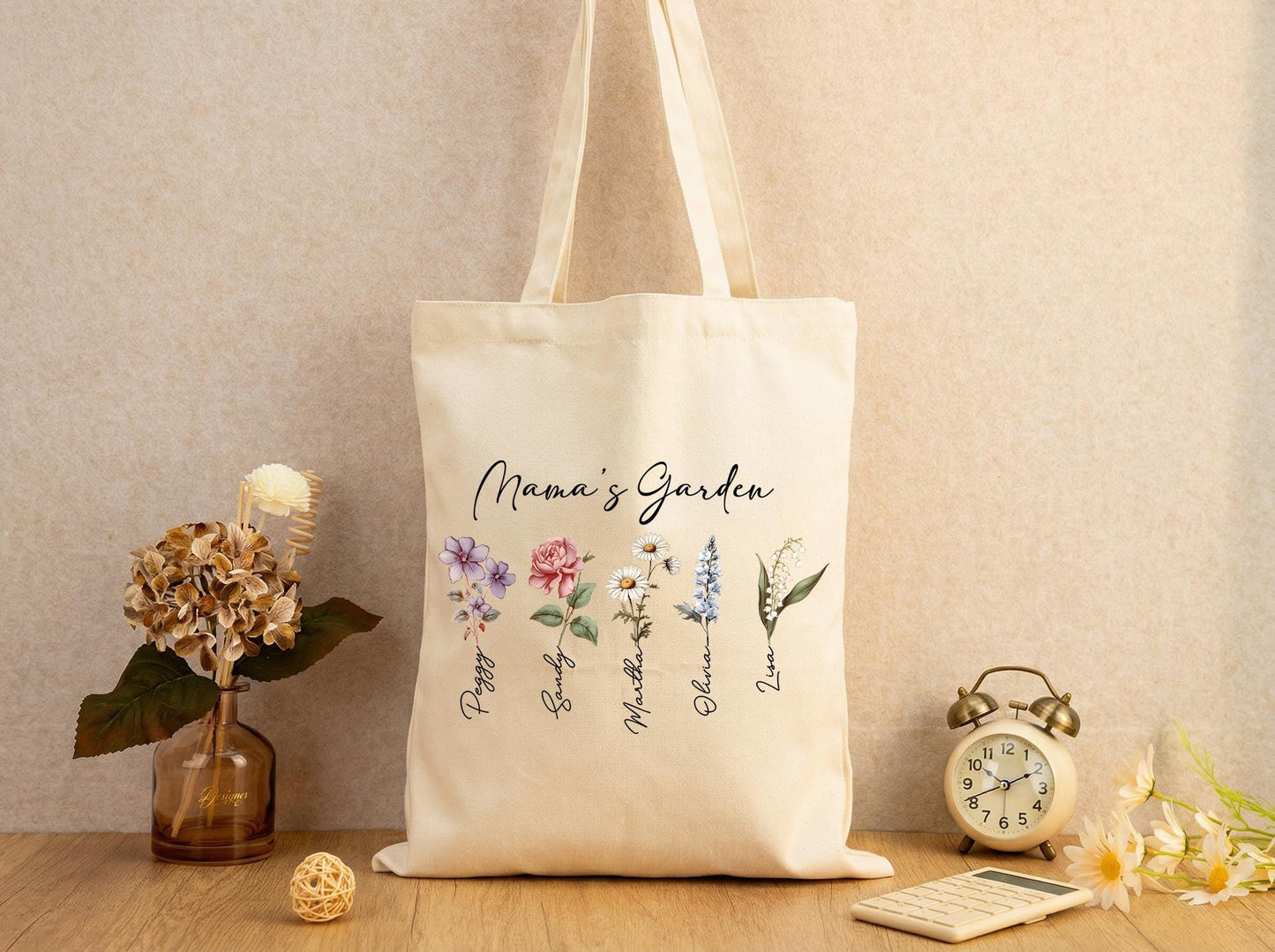 Personalized Mama Tote Bag Wildflower Canvas Tote Gift for Mom Custom Mothers Garden Bag Mothers Day Gift from Kids Birthday Christmas Gift