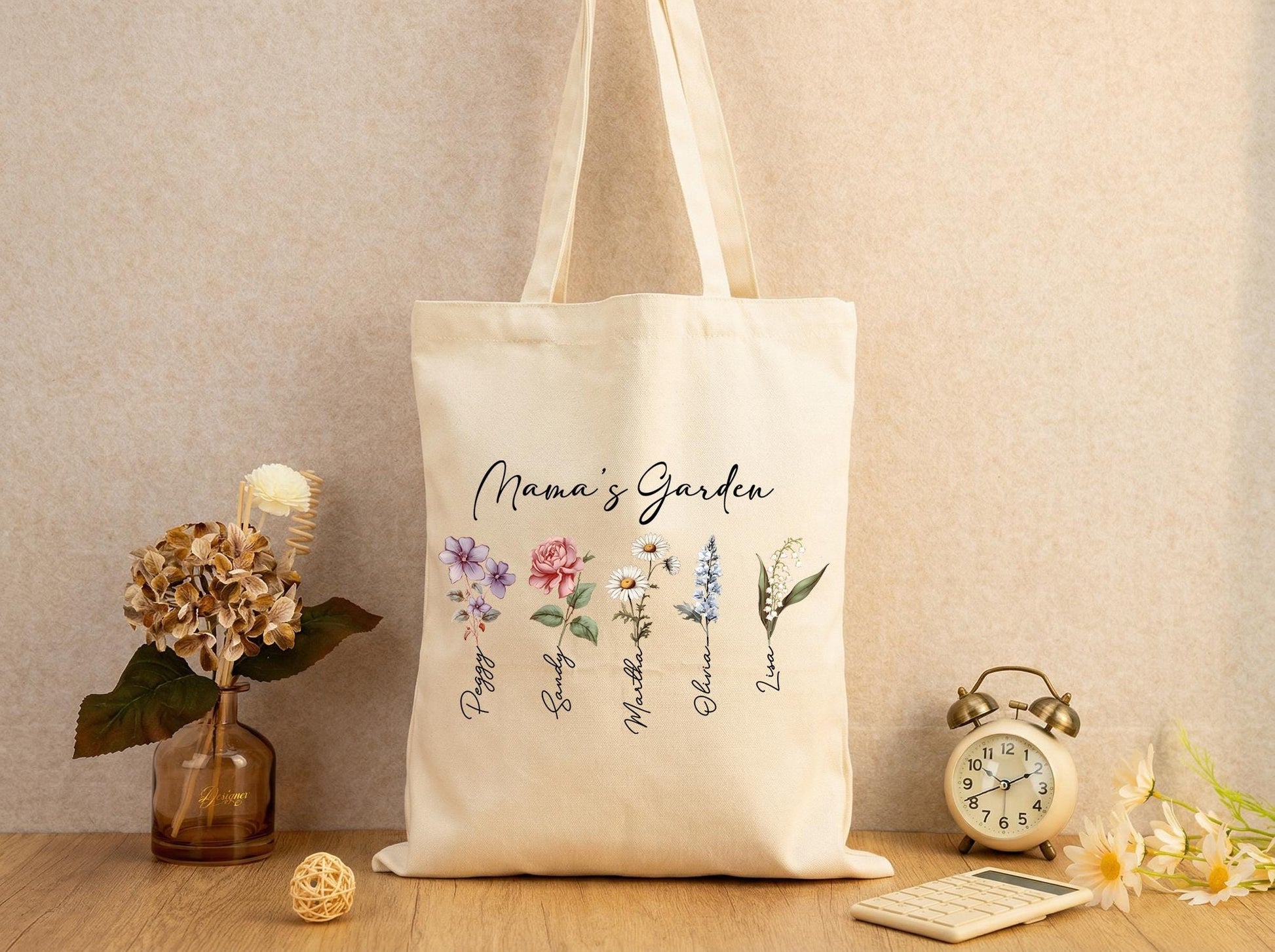 Personalized Mama Tote Bag Wildflower Canvas Tote Gift for Mom Custom Mothers Garden Bag Mothers Day Gift from Kids Birthday Christmas Gift