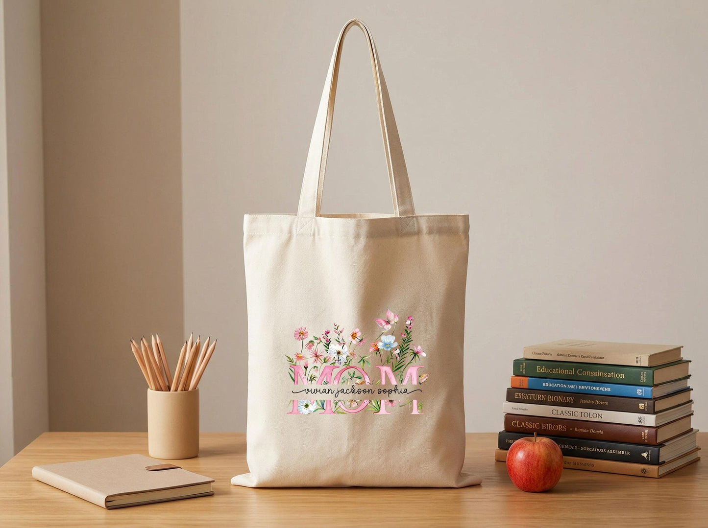 Personalized Mama Tote Bag Floral Canvas Tote Gift for Mom Custom Name Mom Bag Mothers Day Gift from Kids Birthday Christmas Gift for Mama