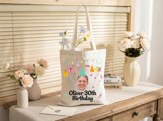 Canvas Tote Bag Custom Photo 30Th Birthday Gift Party Icons Personalized Name Reusable Shopper Bag For Women Men Friend
