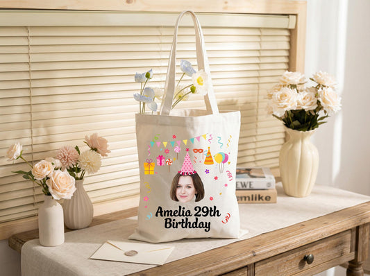 Personalized Birthday Tote Bag Custom Name Age, Milestone Birthday Merch For 29, Girls Trip Or Party Crew, Matching Keepsake Canvas Bag