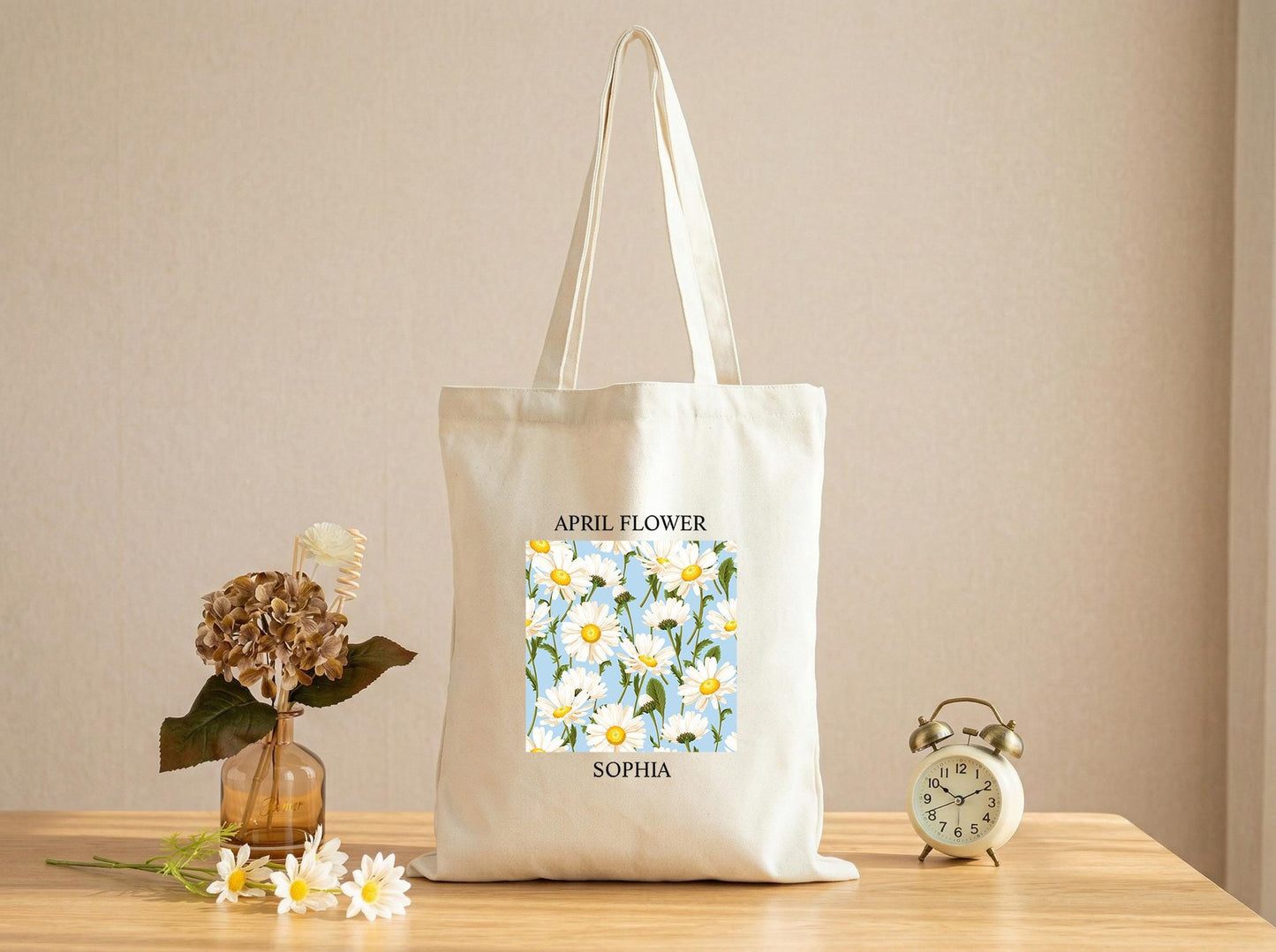 Canvas Tote Bag With April Daisy Birth Flower, Personalized For Her, Custom Name Gift For Mom, Sister, Best Friend, Sweet Birthday Surprise