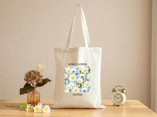 Canvas Tote Bag With April Daisy Birth Flower, Personalized For Her, Custom Name Gift For Mom, Sister, Best Friend, Sweet Birthday Surprise