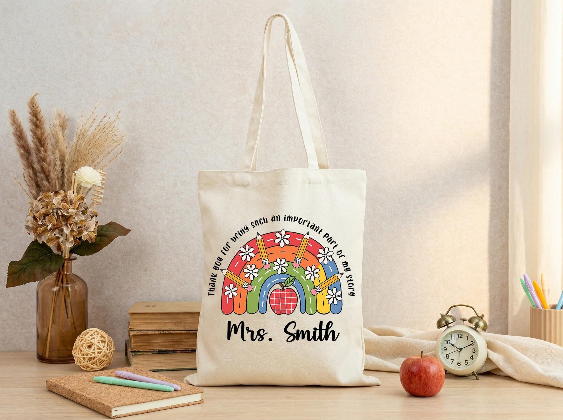 Canvas Tote Bag Teacher Gift Rainbow Apple Personalized Name