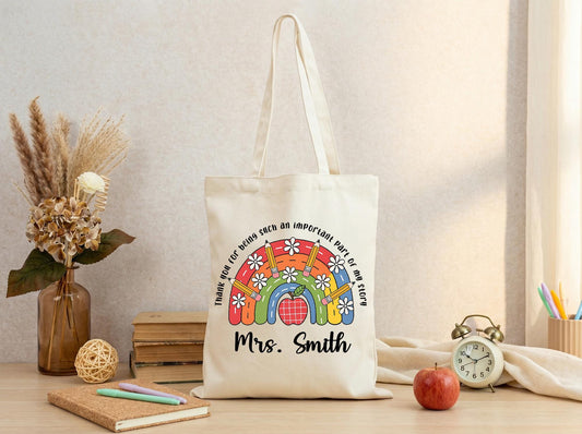 Canvas Tote Bag Teacher Gift Rainbow Apple Personalized Name