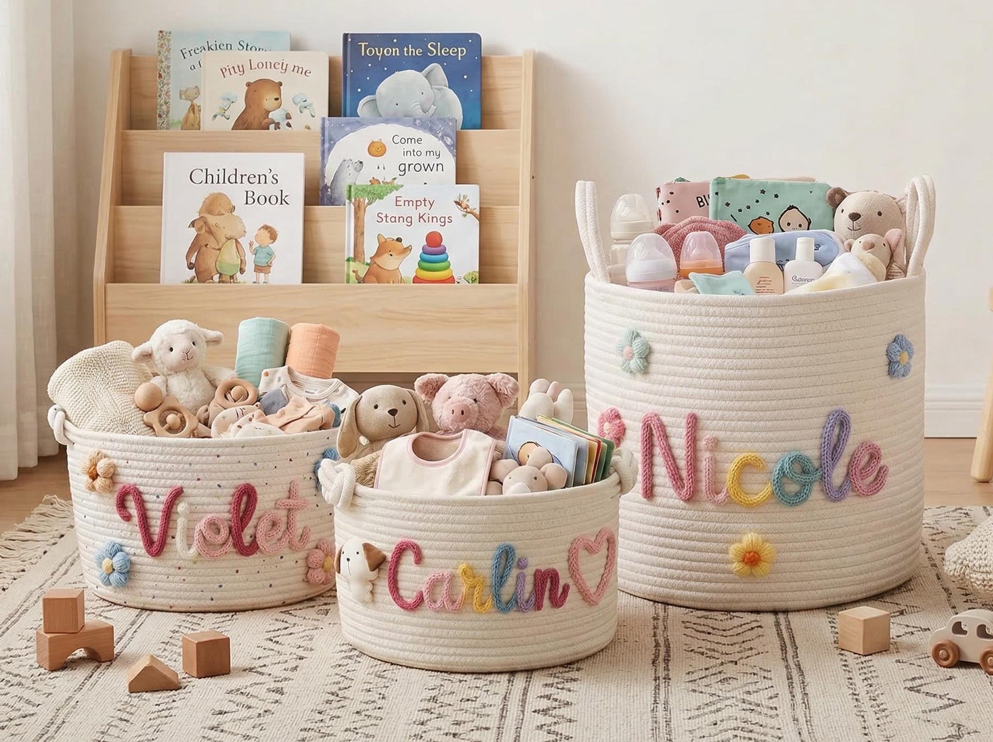 Personalized Girl Basket, Custom Name Storage Basket, Pink Nursery Decor, Handmade Cotton Toy Bin, Baby Girl Gift