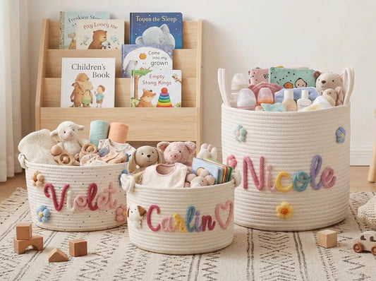 Personalized Name Rope Basket, Nursery Storage Basket, Custom Toy Organizer Bin, Baby Shower Gift, Baby Room Decor, Newborn Gift