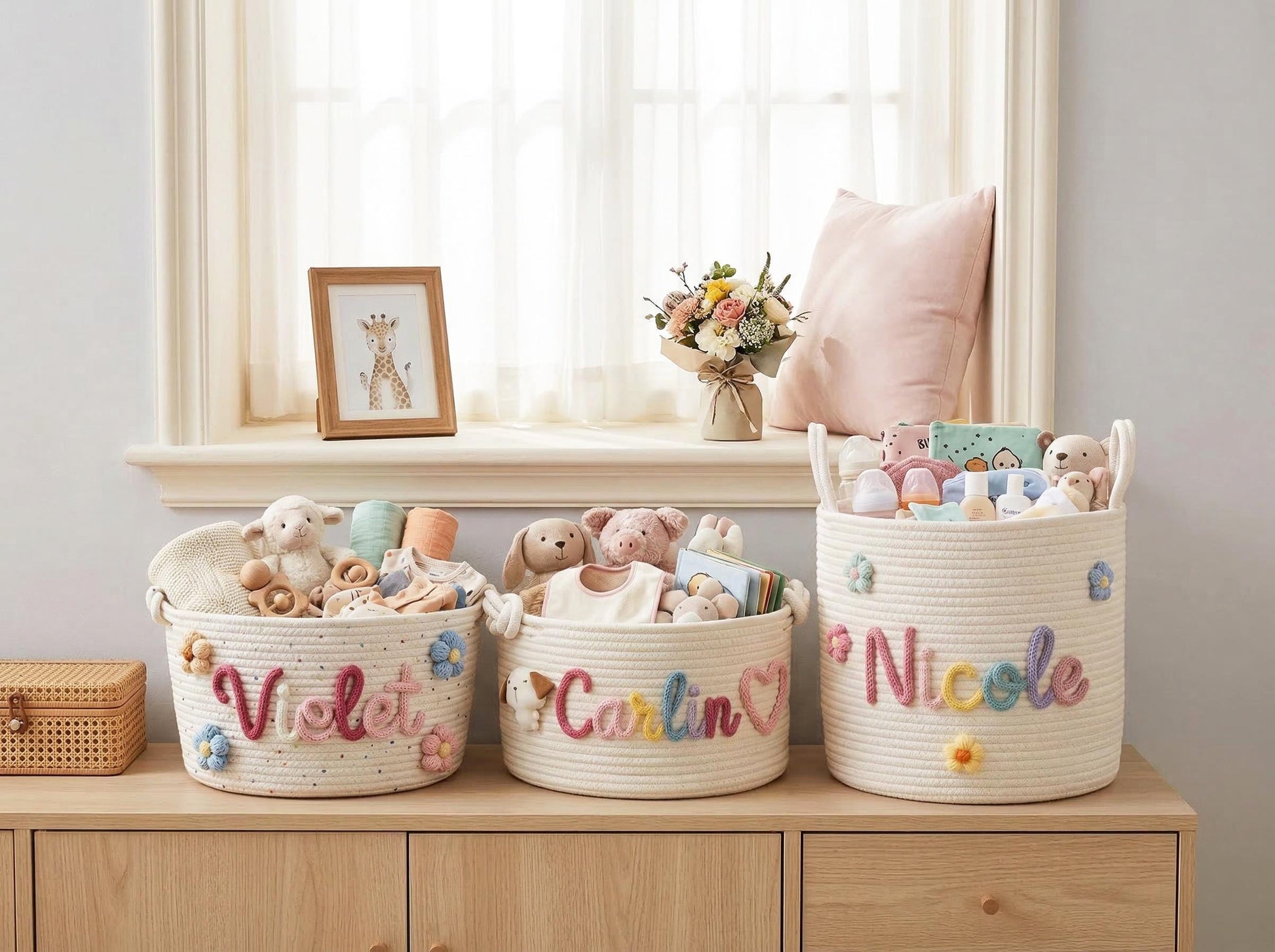 Personalized Nursery Basket, Custom Baby Gift Basket, Handmade Cotton Storage Bin, Baby Shower Gift, Nursery Room Decor