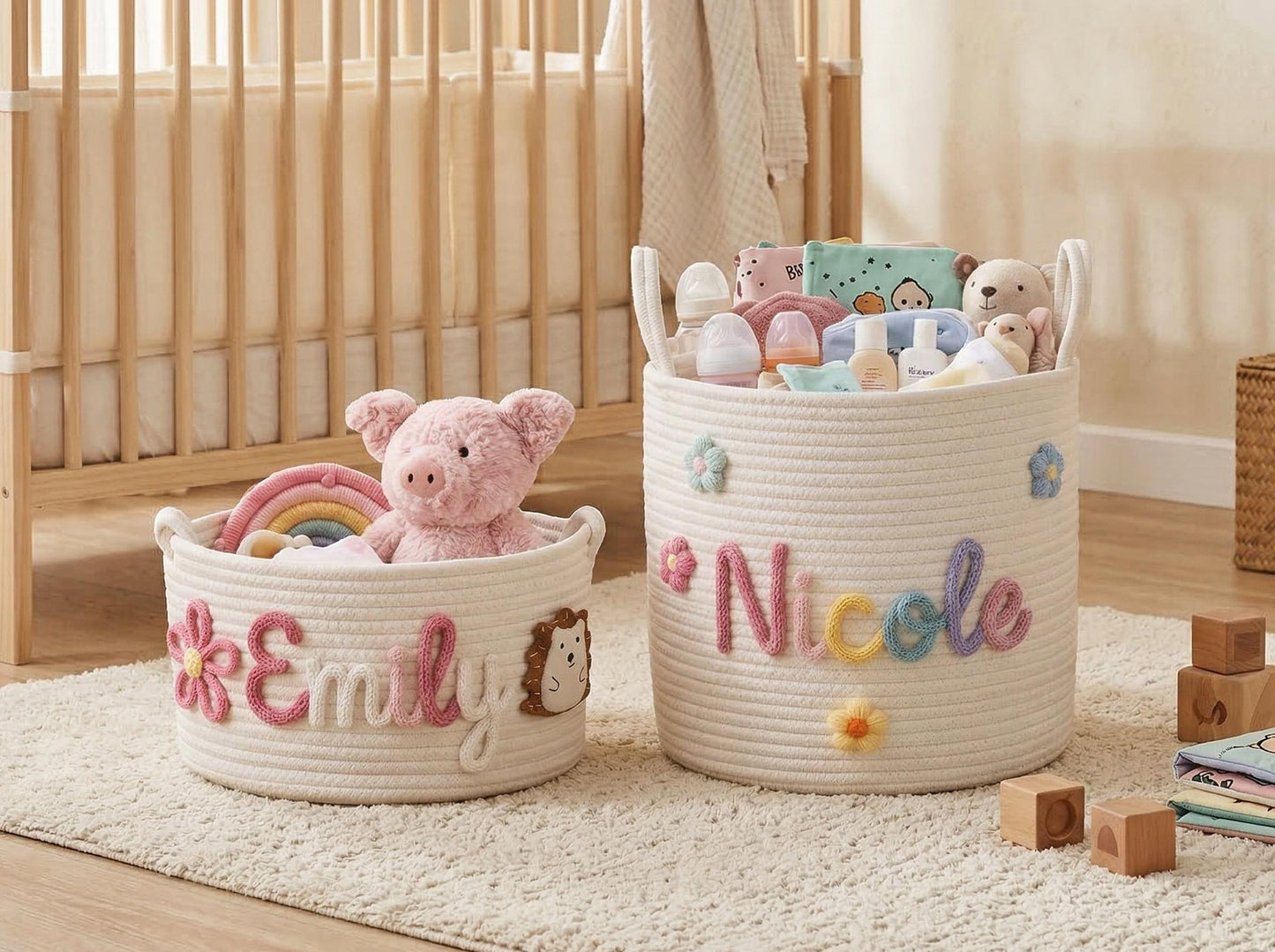 Personalized Baby Basket With Name, Custom Nursery Storage Basket, Cotton Rope Toy Organizer, Baby Shower Gift, Newborn Gift