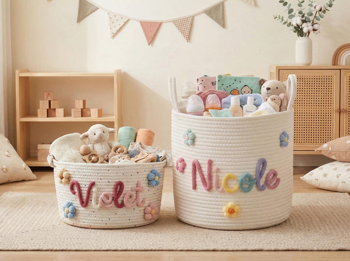 Personalized Basket for Kids, Custom Name Toy Basket, Handmade Cotton Nursery Storage Bin, Baby Shower Gift, Room Decor