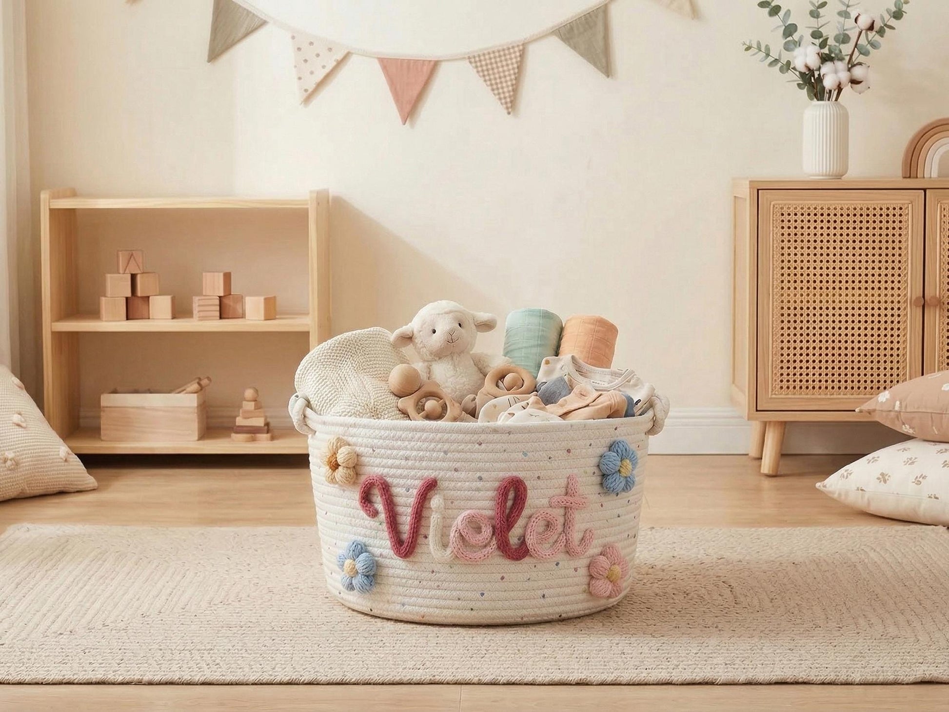 Personalized Baby Basket With Name, Custom Nursery Storage Basket, Cotton Rope Toy Organizer, Baby Shower Gift, Newborn Gift
