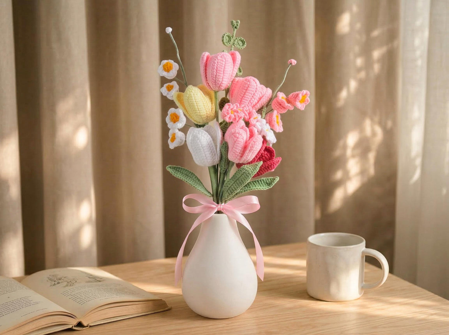 Crochet Flower Bouquet, Handmade Tulip Bouquet Gift for Her, Forever Knitted Flowers for Mom,Birthday Gift,Graduation Gift,Mothers Day Decor